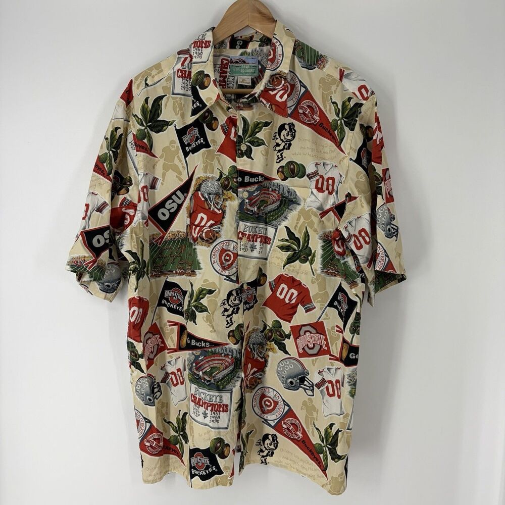 Reyn Spooner OSU Shirt XL Mens Tan Ohio State Buckeyes Hawaiian Camp Print VTG